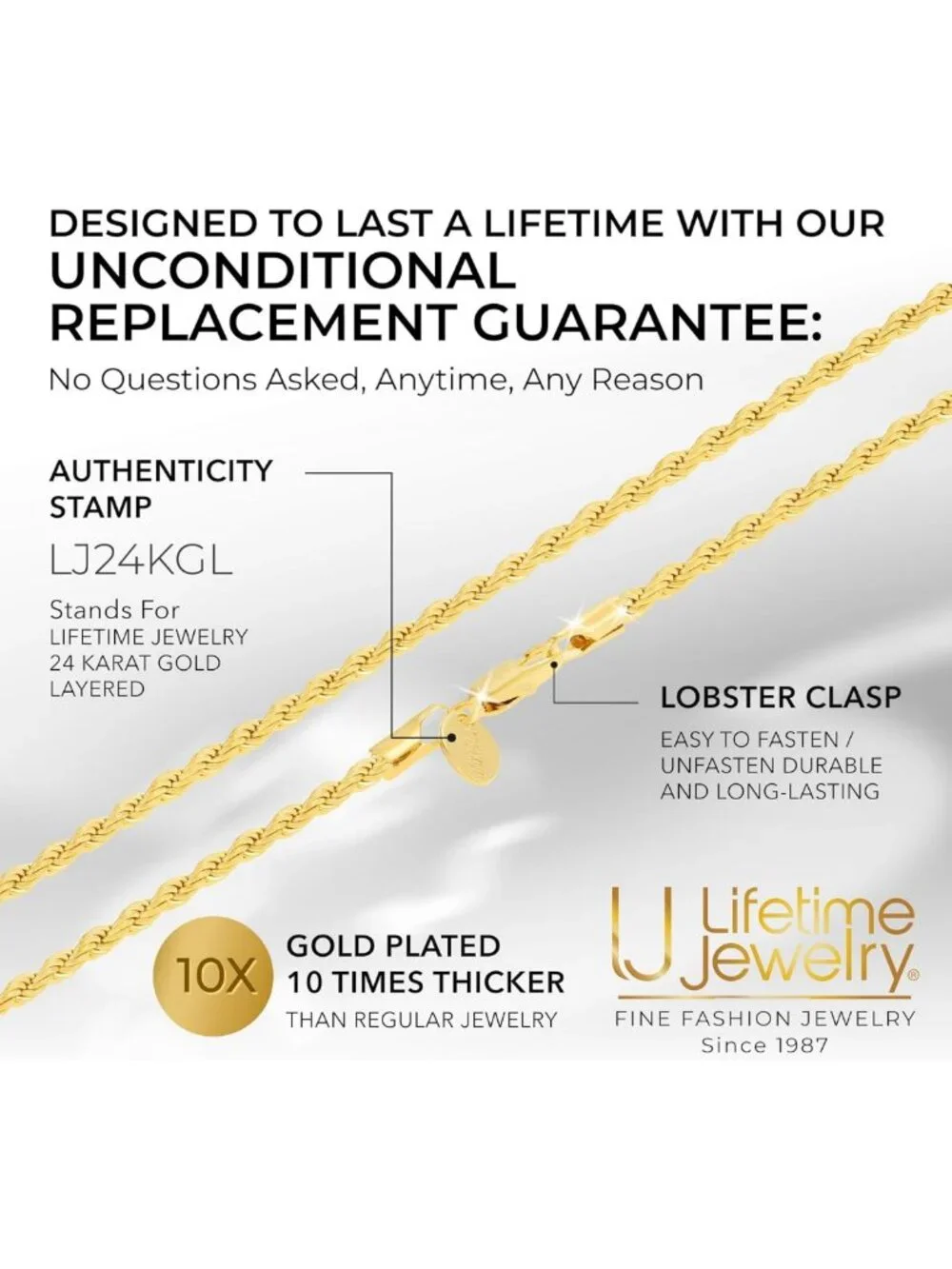 24k Gold Rope Chain Necklace for Men & Women - Diamond Cut, Heavy Duty Clasp